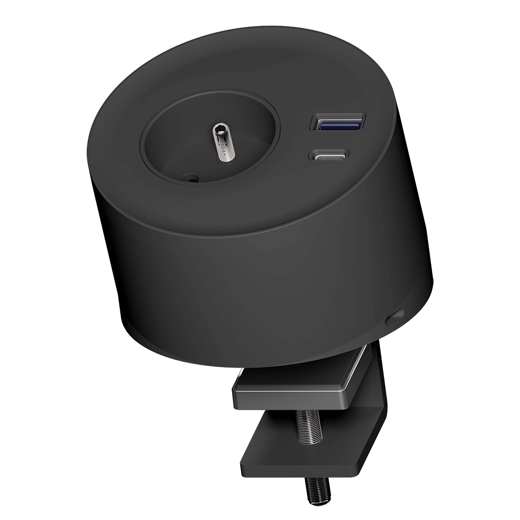 VersaSpot | Multipresa stand-alone con morsetto di fissaggio | 1 presa tipo Francia (E), 1 USB tipo A, 1 USB tipo CNero