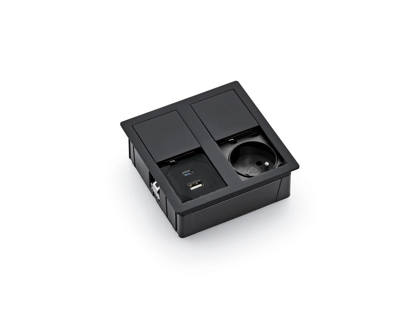 VersaHit Dual | Square recessed power strip with 1 French Type E socket, 1 USB Type-A, 1 USB Type-C, and 2 m power cable with separate power plugMatte Black