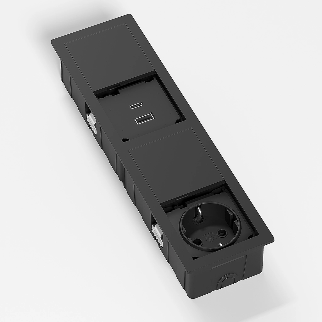 VersaHit Mono Combi | Rectangular recessed power strip with 1 Schuko socket, 1 USB Type-A, 1 USB Type-C, and 2 m power cable with separate power plugMatte Black