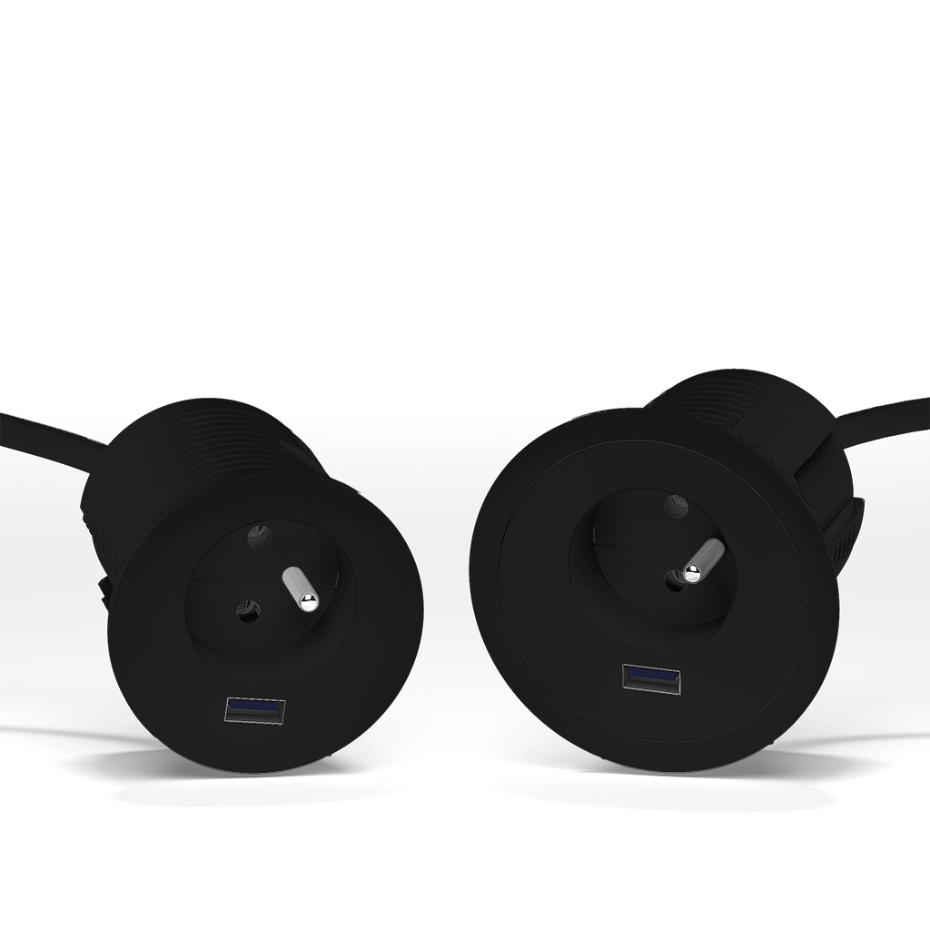 VersaTag | Multipresa da incasso 1 presa Schuko, 1 USB tipo A da ricarca 5v 2.4 amp e cavo di alimentazione 2 metri con spina SchukoNero