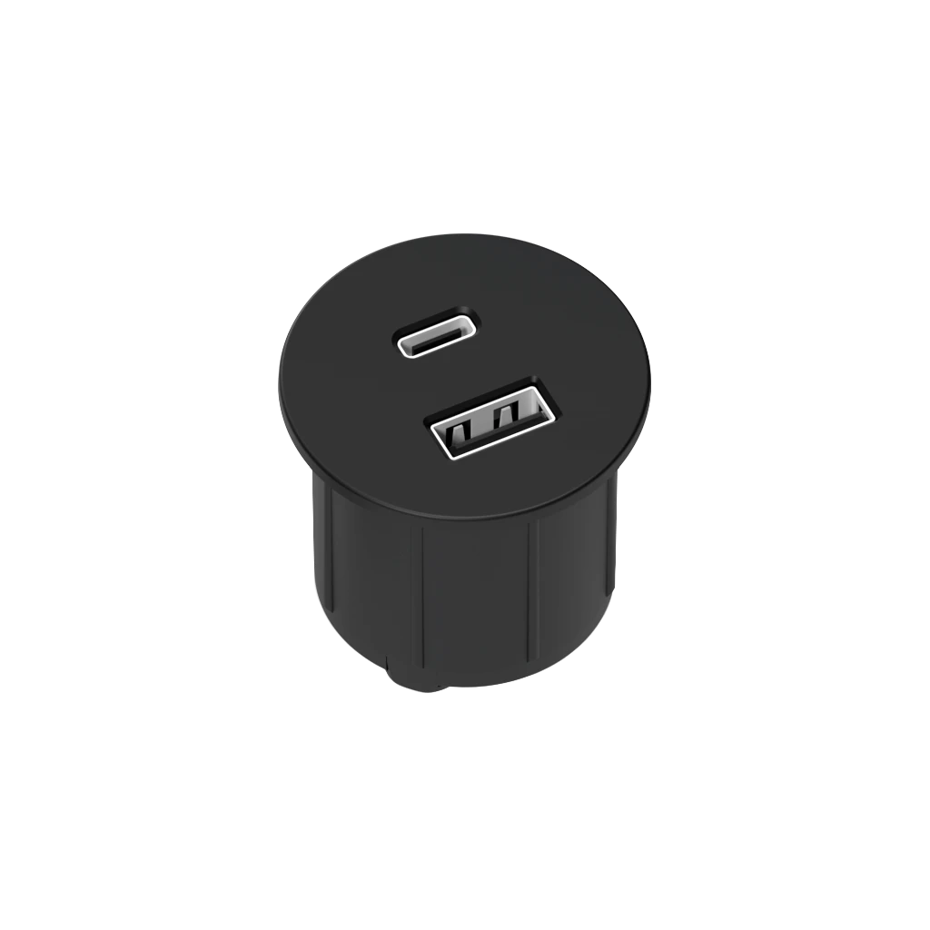 VersaPick | Multiprise encastrable ronde en zamak avec USB type A, USB type C et fiche muraleNoir