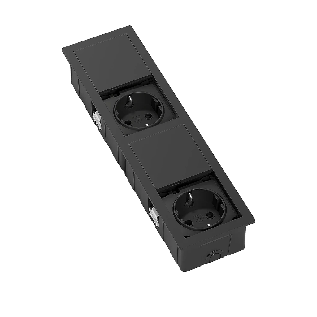 VersaHit Mono Combi | Multiprise escamotable rectangulaire avec 2 prises Schuko et câble d’alimentation de 2 m avec fiche électrique séparéeNoir mat