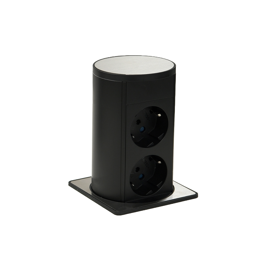 VerssaLift | Squared pop-up power supply tower with 2 Schuko sockets and 2 m power cable with separate plug Brushed steel