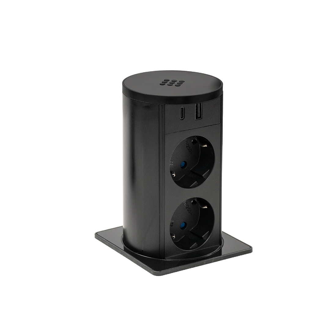 VersaLift | Torretta estraibile quadra con 2 prese tipo schuko, USB tipo A, USB tipo C, wirelesscharger e cavo di alimentazione 2 m con spina elettrica separataMetacrilato nero
