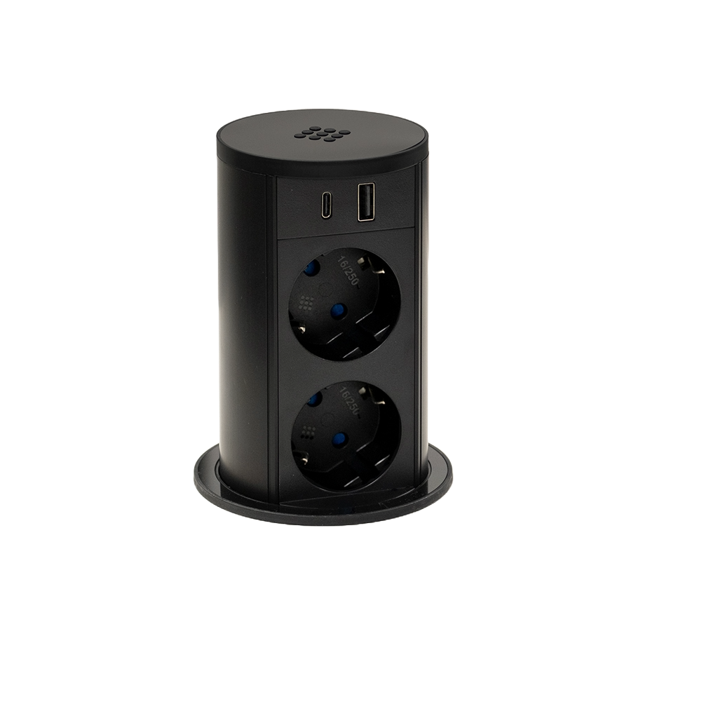 VersaLift | Torretta estraibile tonda con 2 prese tipo schuko, USB tipo A, USB tipo C, wirelesscharger e cavo di alimentazione 2 m con spina elettrica separataMetacrilato nero