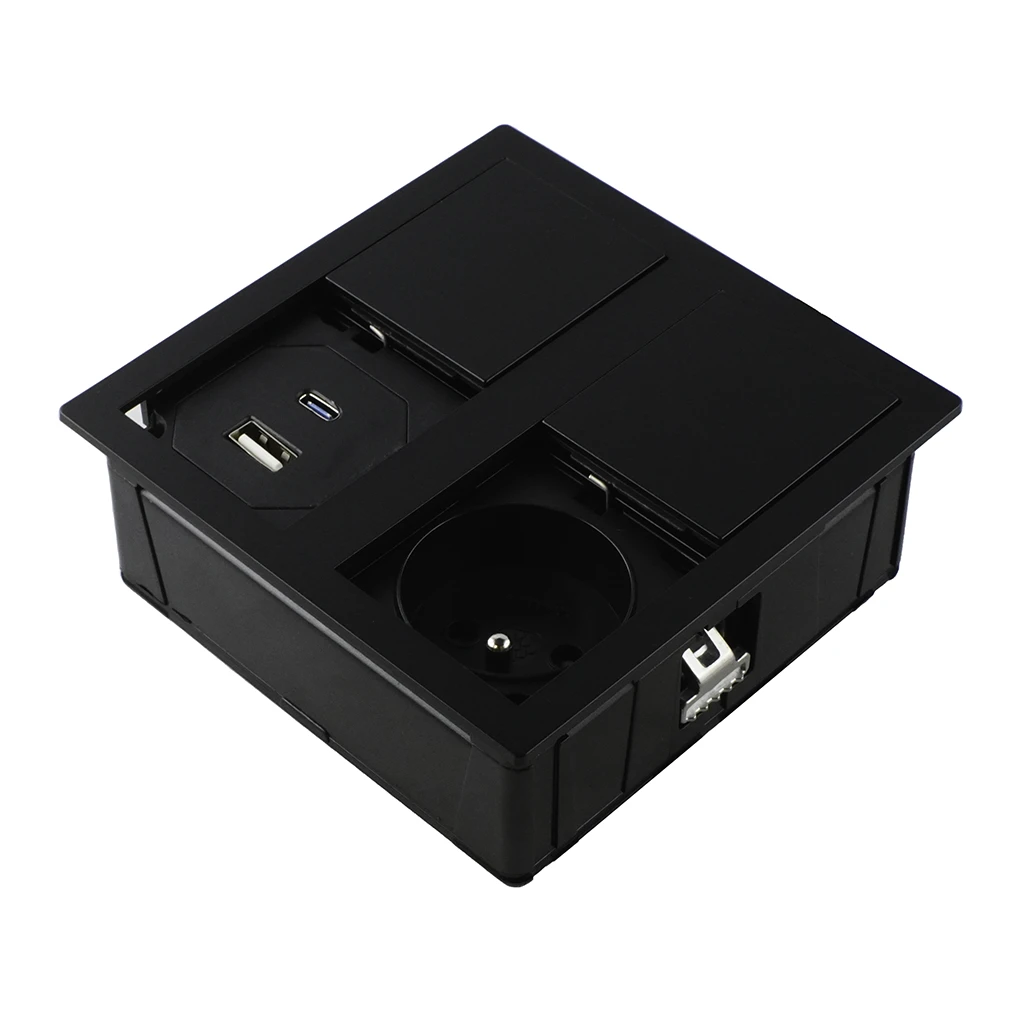 VersaHit Dual | Multipresa a scomparsa quadrata con 1 presa tipo Francia (E), USB tipo A, 1 USB tipo C e cavo di alimentazione 2 m con spina elettrica separataNero opaco