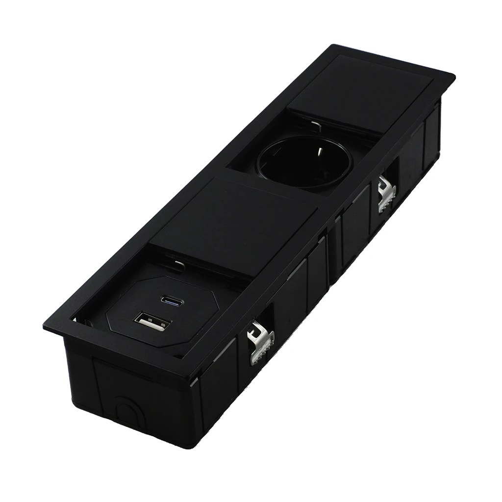 VersaHit Mono Combi | Multipresa a scomparsa rettangolare con 1 presa schuko, USB tipo A, 1 USB tipo C e cavo di alimentazione 2 m con spina elettrica separataNero opaco