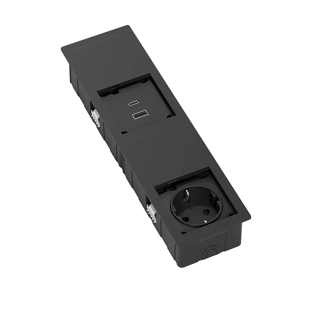 VersaHit Mono Combi | Multipresa a scomparsa rettangolare con 1 presa schuko, USB tipo A, 1 USB tipo C e cavo di alimentazione 2 m con spina elettrica separataNero opaco