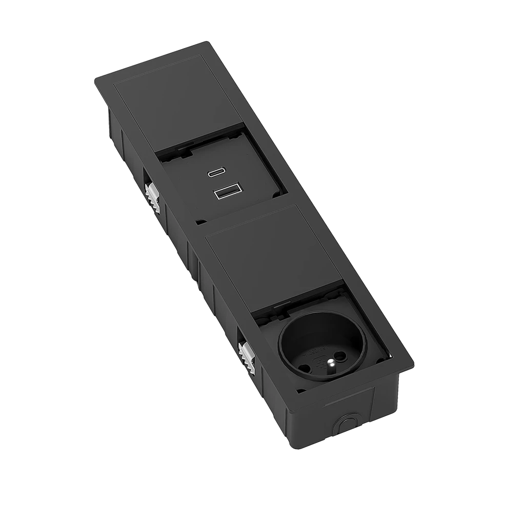 VersaHit Mono Combi | Rechteckige Unterputzsteckdosenleiste mit 1 französischen Steckdose Typ (E), 1 USB Typ A, 1 USB Typ C und 2 m Stromkabel mit separatem NetzsteckerMattes Schwarz