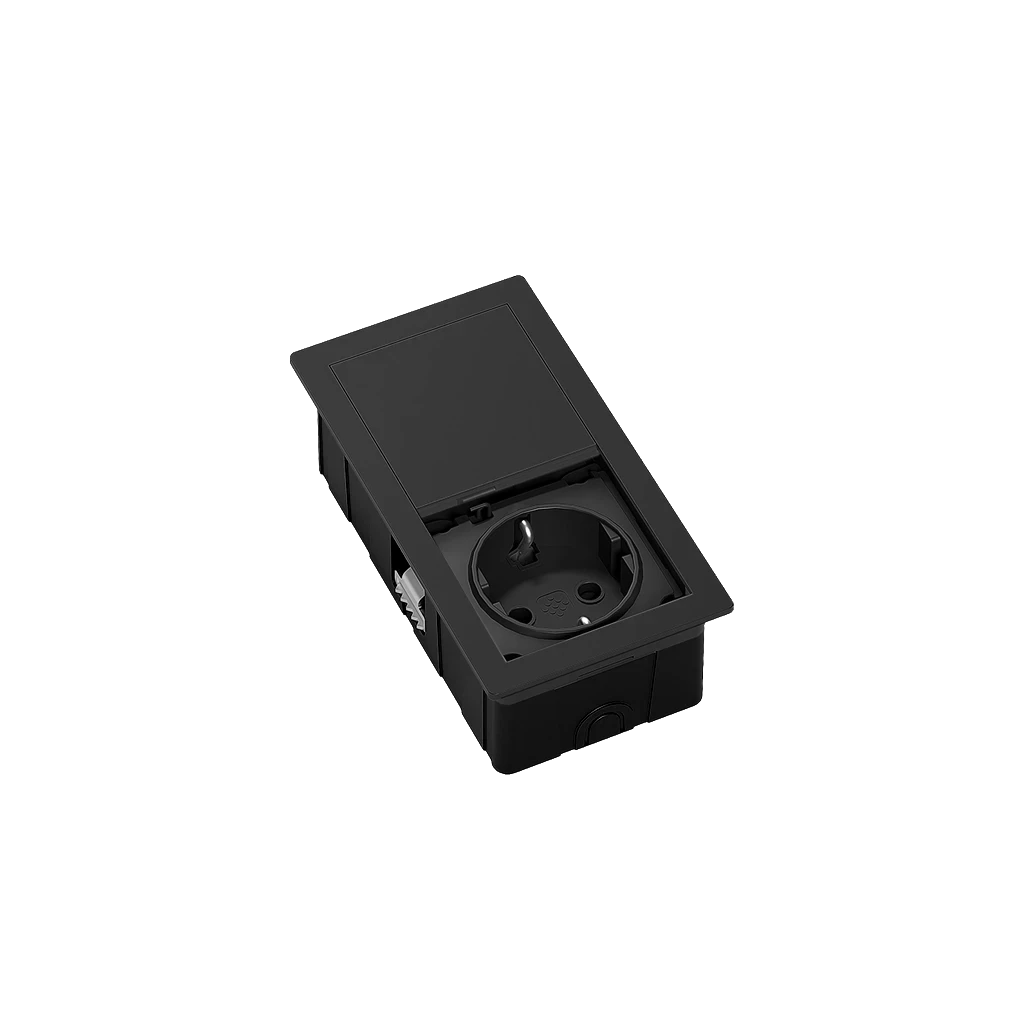 VersaHit Mono | Rechteckige Unterputzsteckdosenleiste mit 1 Schukosteckdose und 2 m Stromkabel mit separatem NetzsteckerMattes Schwarz