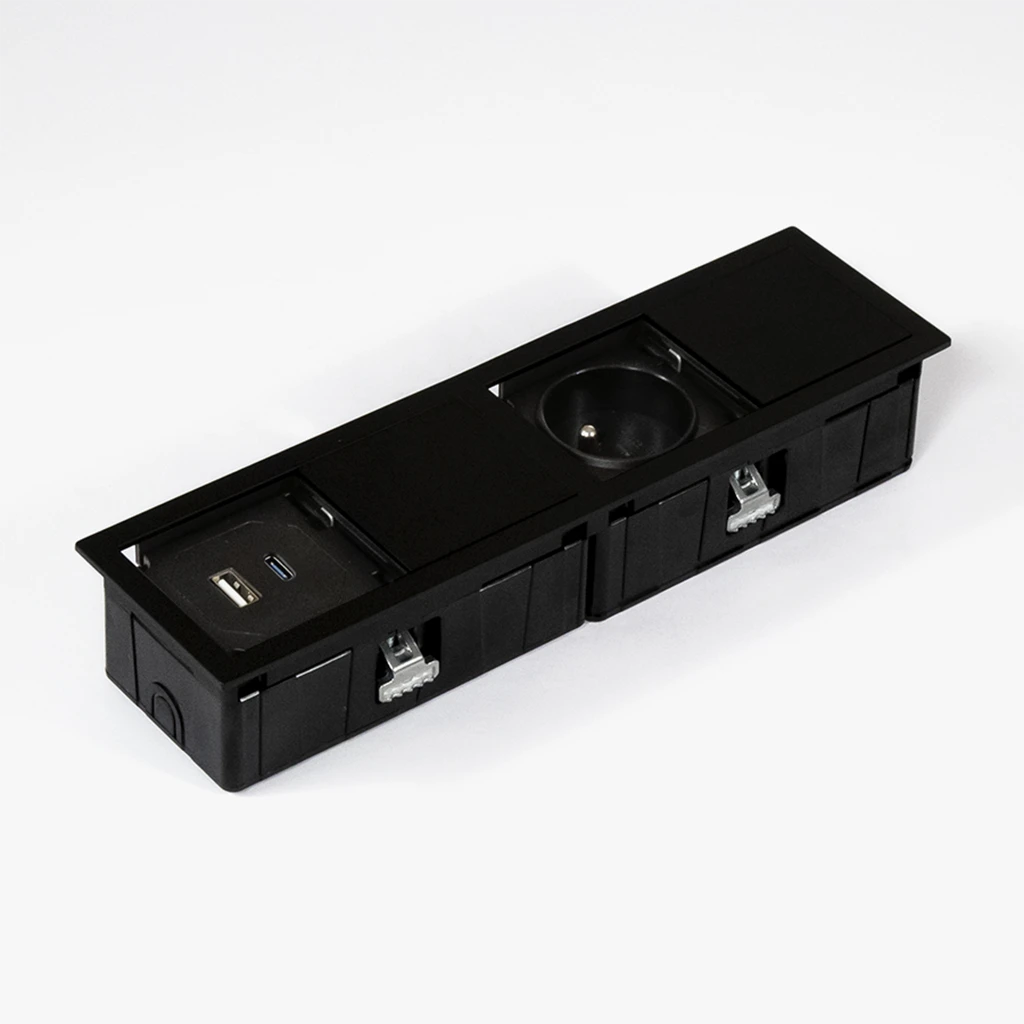 VersaHit Mono Combi | Multipresa a scomparsa rettangolare con 1 presa tipo Francia (E), USB tipo A, 1 USB tipo C e cavo di alimentazione 2 m con spina elettrica separataNero opaco