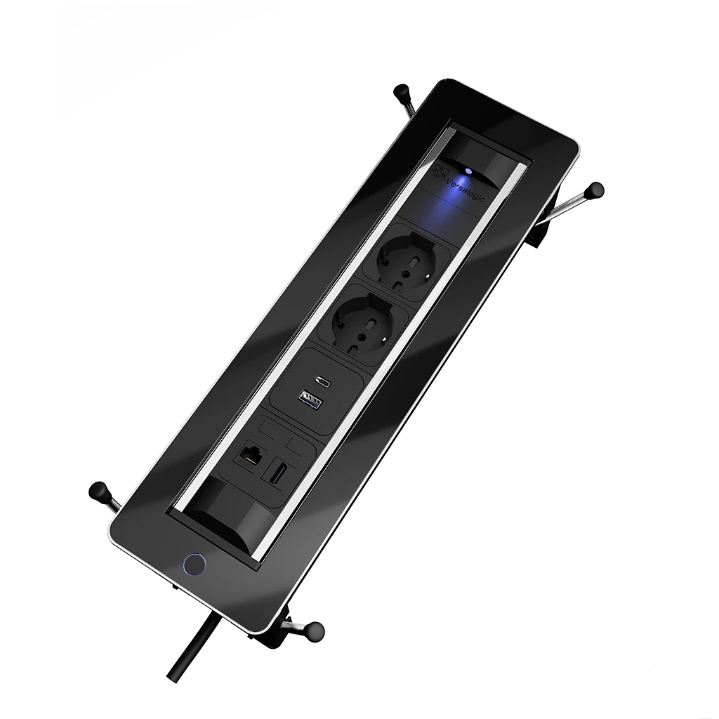 VersaTurn 3.0 | Multipresa da incasso con 2 prese tipo unel, 1 USB tipo A, 1 USB tipo C, HDMI e RJ 45 | Cornice in vetro e cavo di alimentazione 2 m con spina separataVero nero