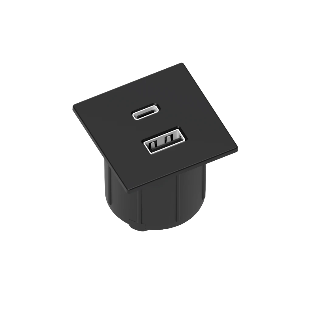 VersaPick | Regleta empotrable cuadrada de zamak con USB tipo A, USB tipo C y enchufe de paredNegro