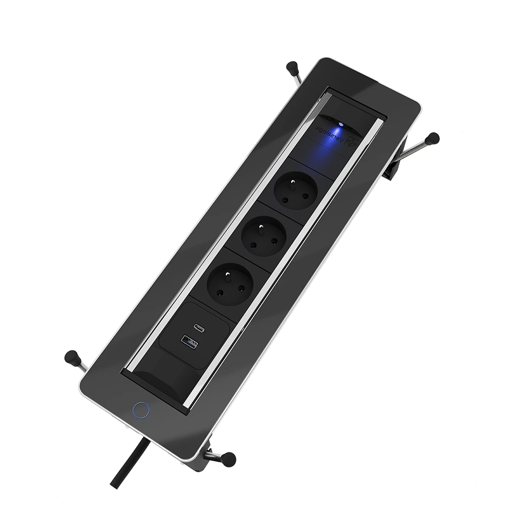 VersaTurn 3.0 | Multipresa da incasso con 2 prese tipo Francia (E), 1 USB tipo A, 1 USB tipo C, HDMI e RJ 45 | Cornice in vetro e cavo di alimentazione 2 m con spina separataVero nero