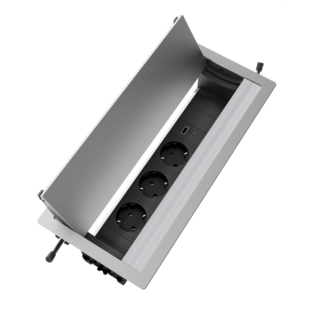 VersaFlap Dual 2.0 | Multipresa a scomparsa con 3 prese tipo schuko, USB tipo A e USB tipo C | Cornice in alluminio e cavo di alimentazione 2 m con spina separataAlluminio