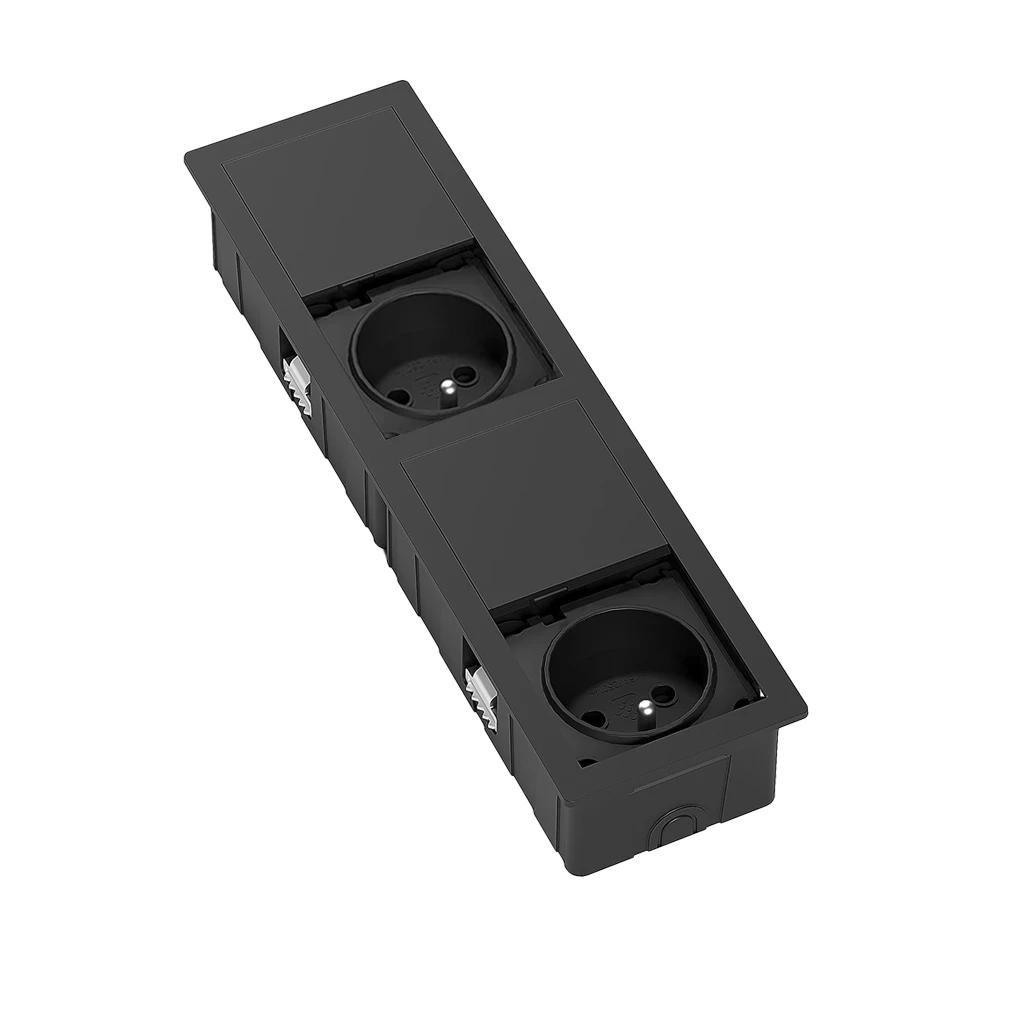 VersaHit Mono Combi | Regleta oculta rectangular con 2 tomas tipo Francia (E) y cable de alimentación de 2 m con enchufe separadoNegro mate