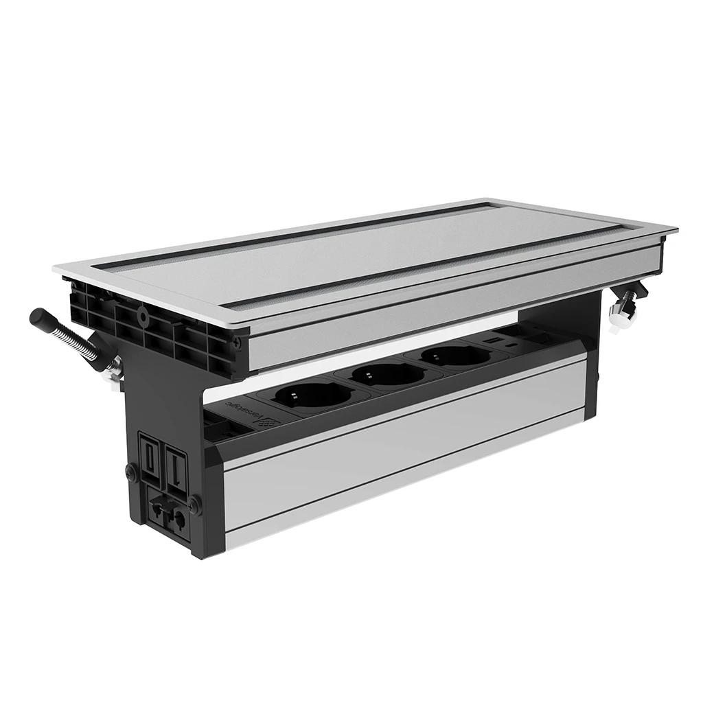 VersaFlap Dual 2.0 | Multipresa a scomparsa con 3 prese tipo unel, USB tipo A,  USB tipo C, HDMI, 2 RJ 45 | Cornice in alluminio e cavo di alimentazione 2 m con spina separataAlluminio