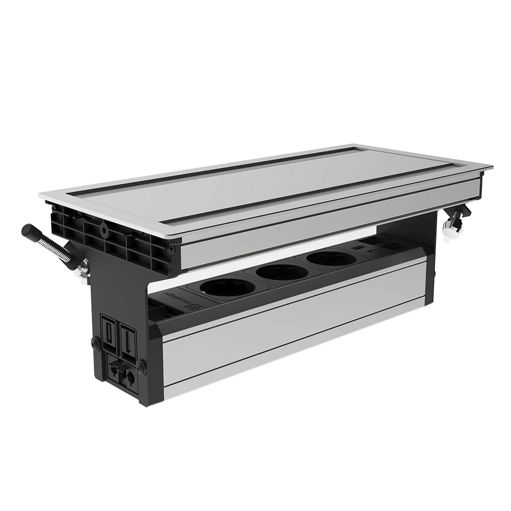 VersaFlap Dual 2.0 | Multipresa a scomparsa con 3 prese tipo schuko, USB tipo A,  USB tipo C, HDMI, 2 RJ 45 | Cornice in alluminio e cavo di alimentazione 2 m con spina separataAlluminio
