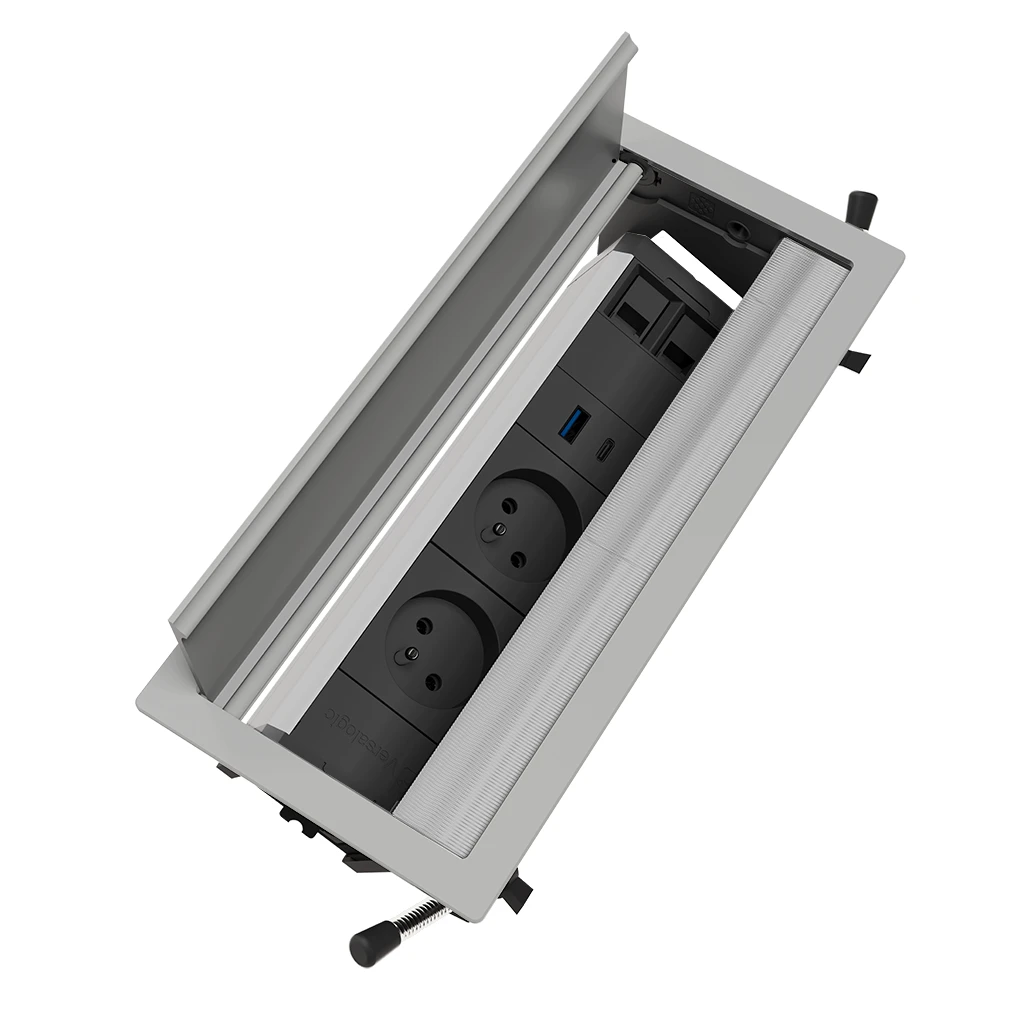 VersaFlap Mono 3.0 | Multipresa a scomparsa con 2 prese tipo Francia (E), USB tipo A, USB tipo C e 2 RJ 45 | Cornice in alluminio e cavo di alimentazione 2 m con spina separataAlluminio