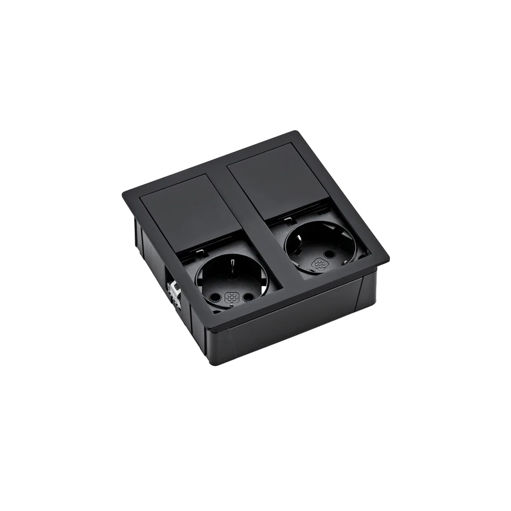 VersaHit Dual | Regleta de enchufes retráctil cuadrada con 2 tomas schuko y cable de alimentación de 2 m con enchufe eléctrico separadoNegro mate