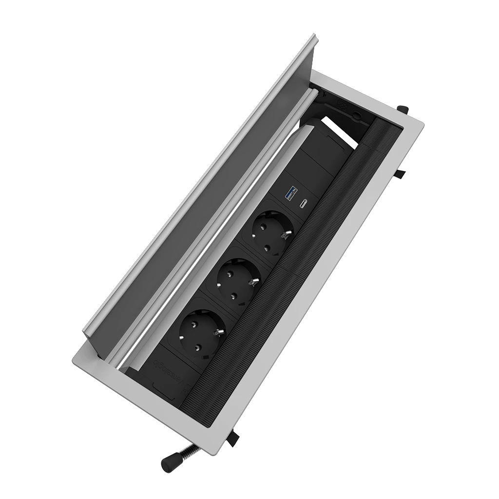 VersaFlap Mono 3.0 | Multipresa a scomparsa con 3 prese tipo schuko, USB tipo A, USB tipo C | Cornice in alluminio e cavo di alimentazione 2 m con spina separataAlluminio