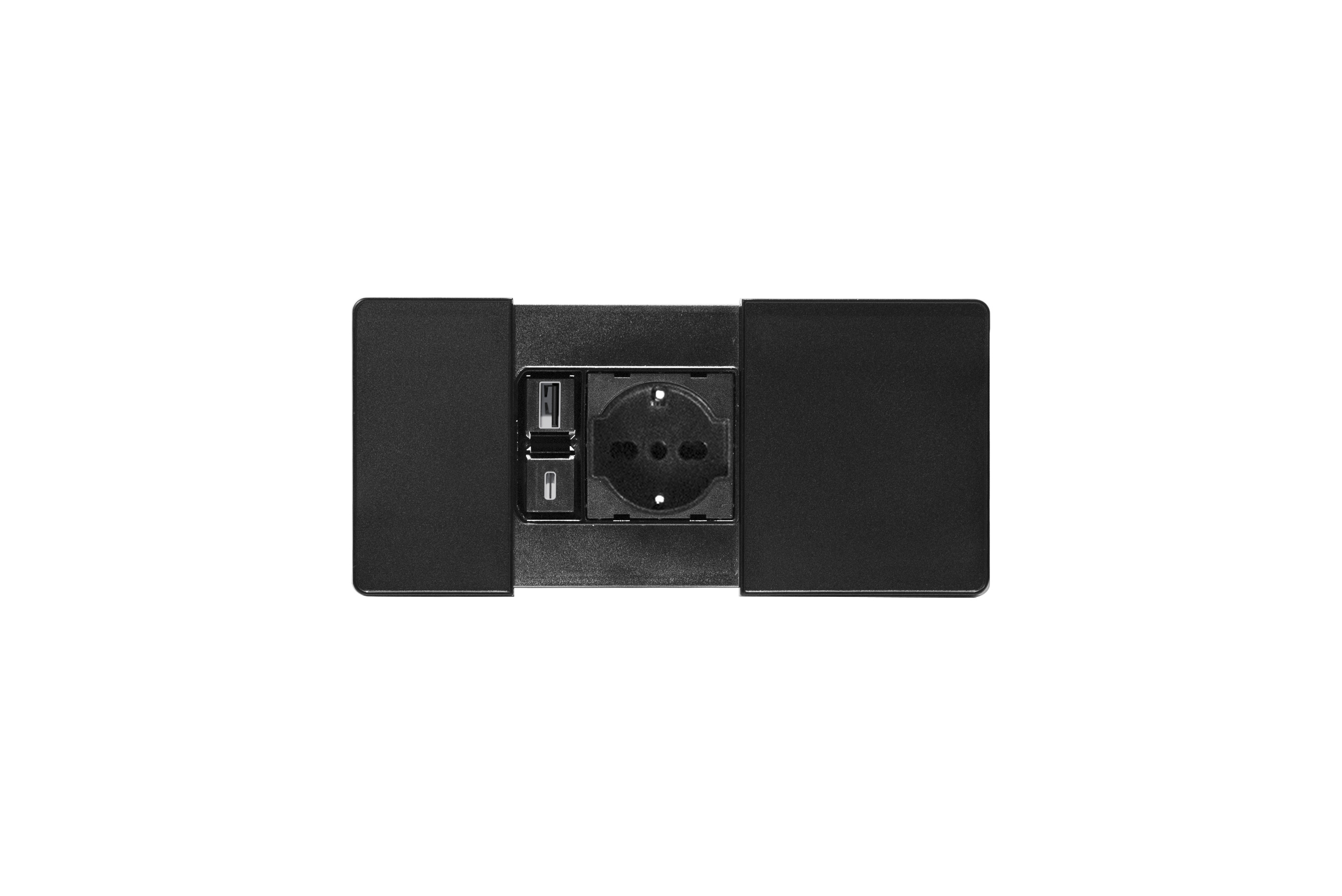 VersaPad | regleta retráctil negra con tapas independientes, con 1 toma Unel, 1 puerto USB tipo A y 1 puerto USB tipo C