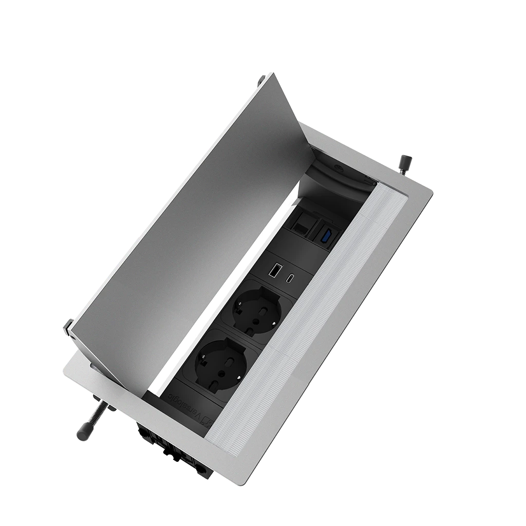 VersaFlap Dual 2.0 | Multipresa a scomparsa con 2 prese tipo unel, USB tipo A,  USB tipo C, HDMI, 1 RJ 45 | Cornice in alluminioAlluminio