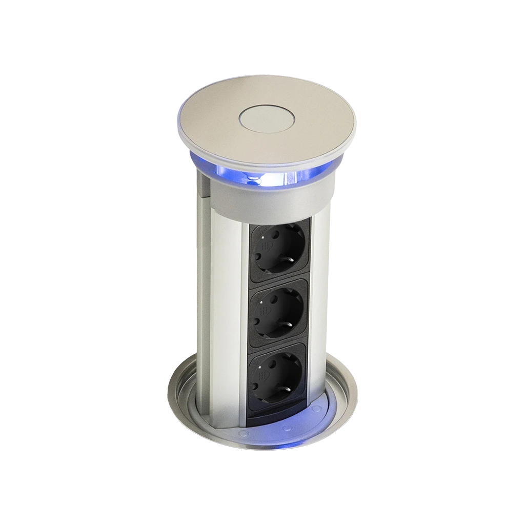 VersaLux | multipresa verticale a scomparsa estraibile sistema Push&Pull, profilo alluminio tappo satinato 3 prese schuko