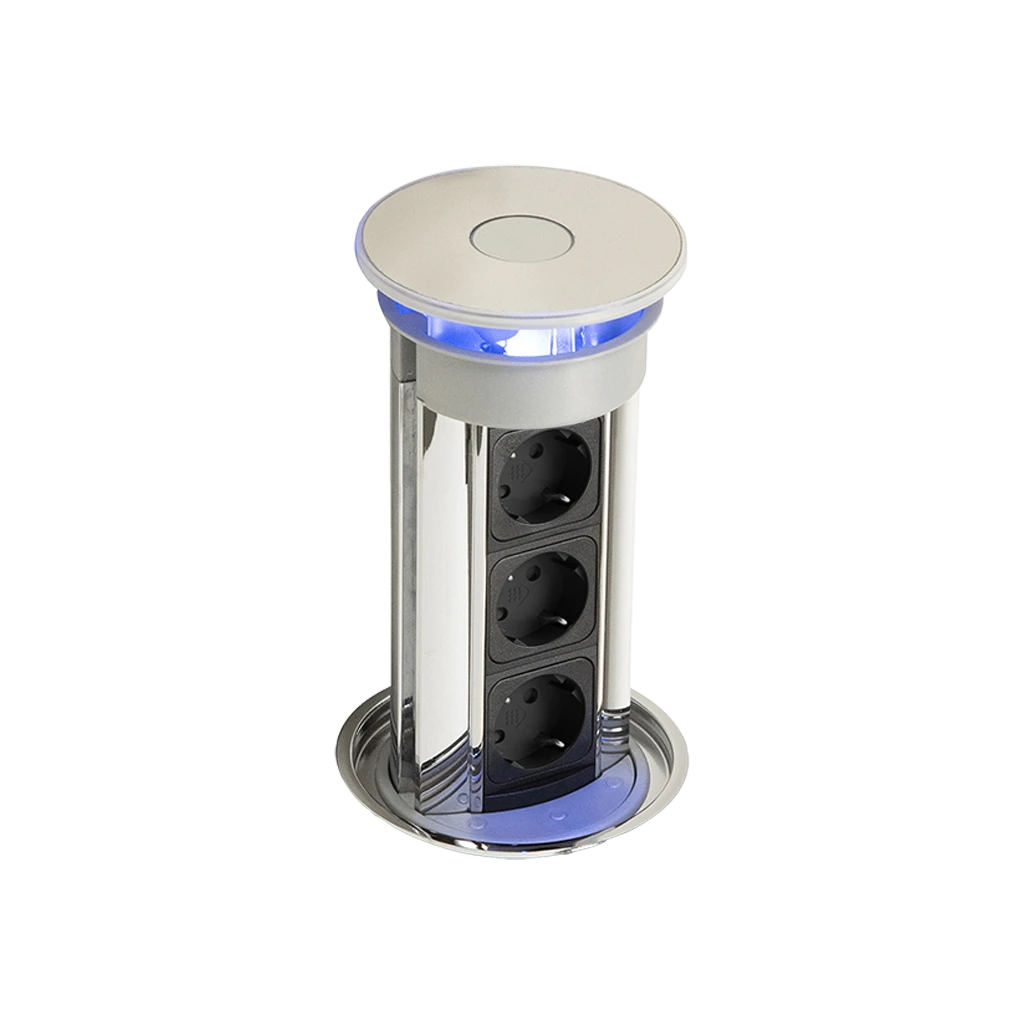 VersaLux | multipresa verticale a scomparsa estraibile sistema Push&Pull, profilo cromo tappo lucido 3 prese schuko