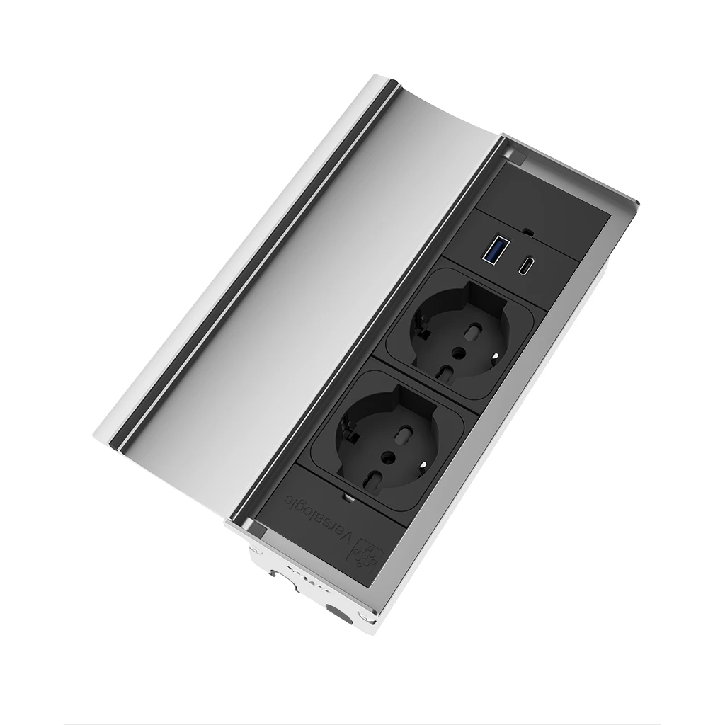 VersaLid | Multipresa a scomparsa con 2 prese unel, 1 USB tipo A e USB tipo C | Scocca in alluminio e cavo  cavo di alimentazione 2 mAlluminio