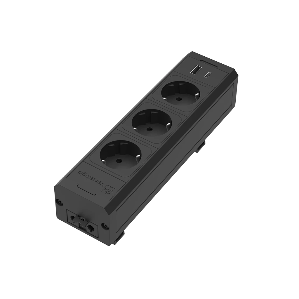 VersaTek | Multipresa in alluminio con 3 prese schuko e 1 USB tipo A, 1 USB tipo C, con continuità 