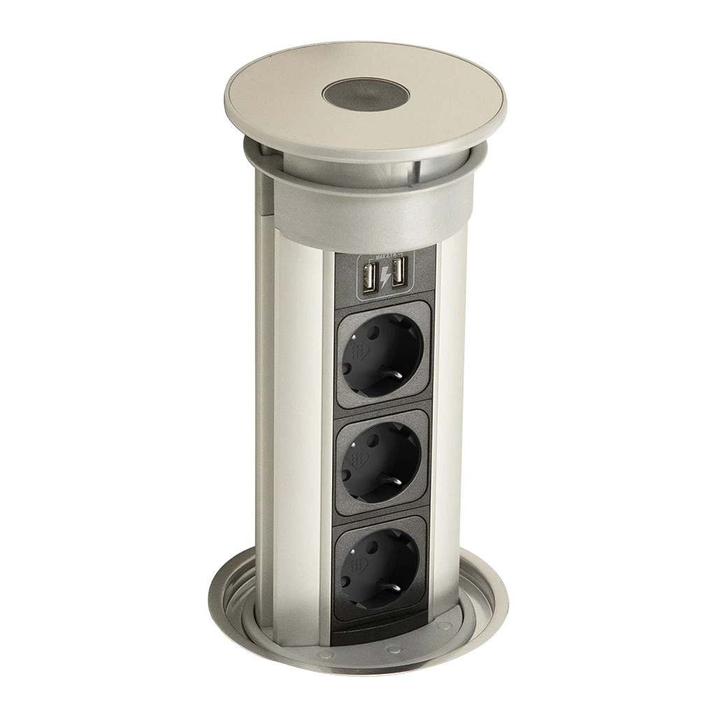 VersaElite | Torretta elettrica a scomparsa con 3 prese Schuko, 2 USB-A, Push&Pull e IP54, profilo alluminio 