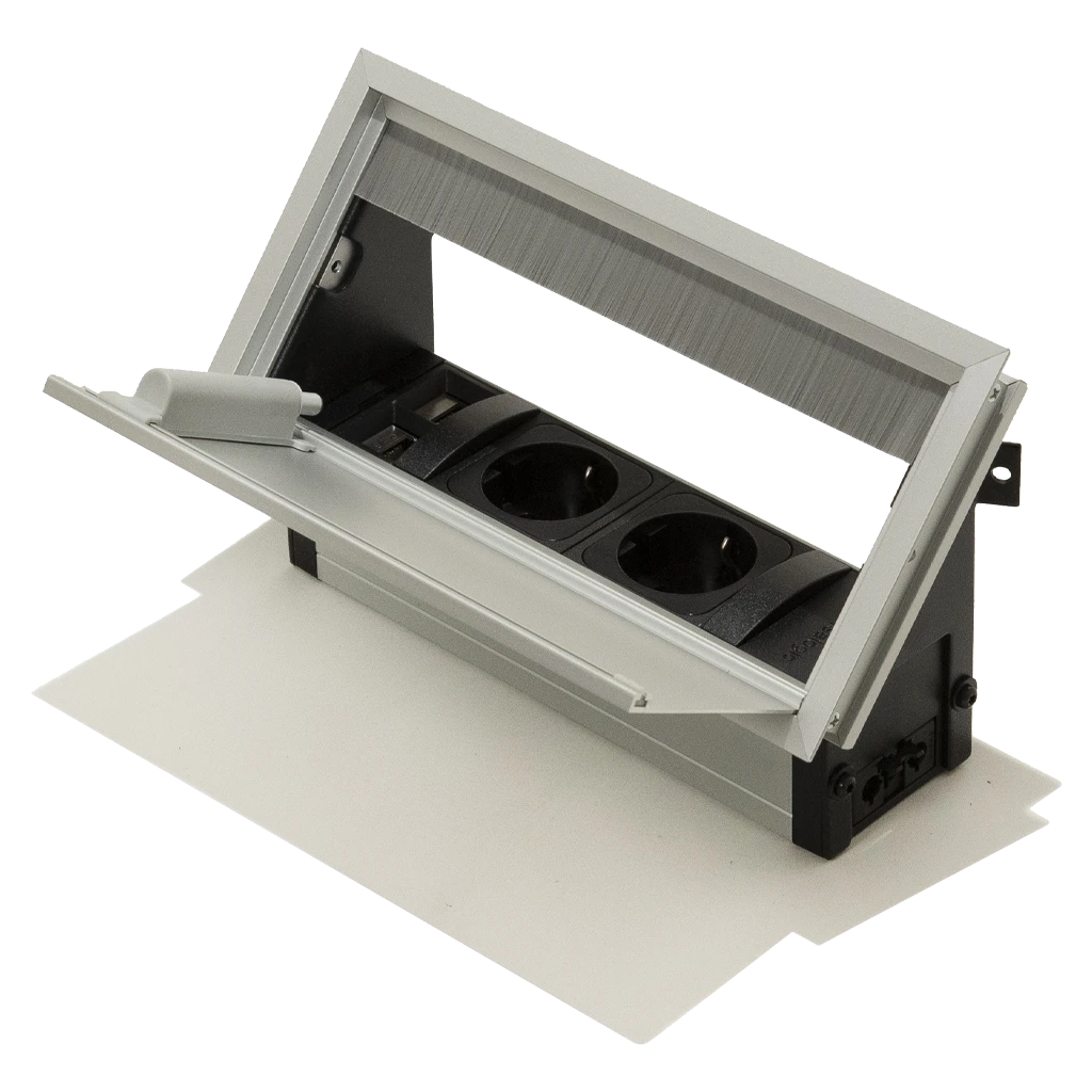 VersaFlap | Multipresa a scomparsa con 2 prese tipo F Schuko e 2 RJ45, L240 H25, con continuitàAlluminio