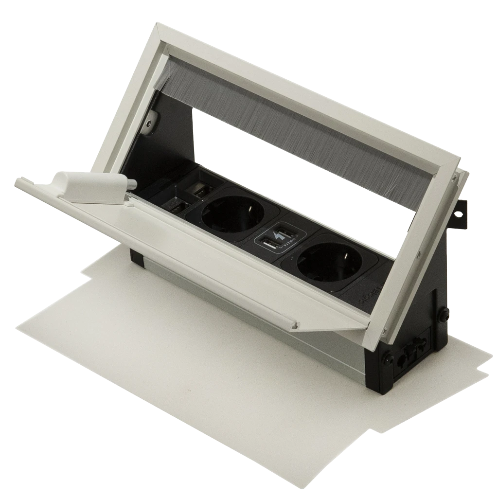 VersaFlap | Multipresa a scomparsa con 2 prese tipo F Schuko, 2 USB e 2 RJ45, L240 H25, con continuità