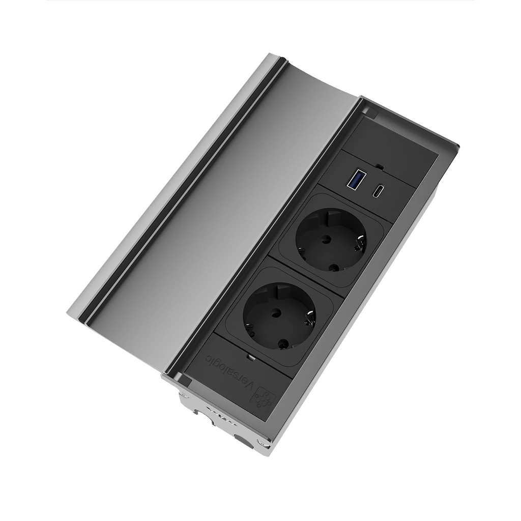VersaLid | Multipresa a scomparsa con 2 prese schuko, 1 USB tipo A e USB tipo C | Scocca in alluminio e cavo  cavo di alimentazione 2 m Alluminio