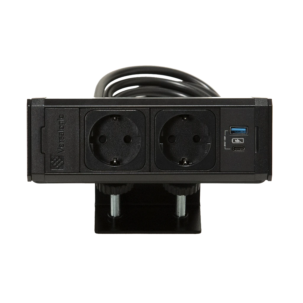 VersaDesk | Multipresa bordo piano 2 prese tipo F Schuko, 1 USB tipo A e 1 USB tipo C, staffa monobloccoNero