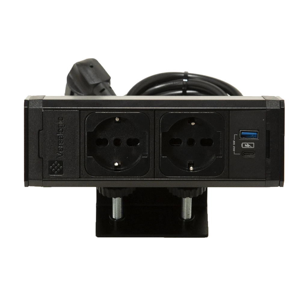 VersaDesk | Multipresa bordo piano 2 prese tipo U Unel, 1 USB tipo A, 1 USB tipo C, staffa monobloccoNero