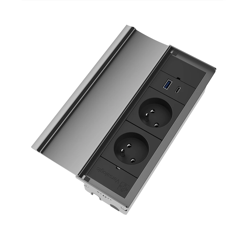 VersaLid | Multipresa a scomparsa con 2 prese Francia (E), 1 USB tipo A e USB tipo C | Scocca in alluminio e cavo  cavo di alimentazione 2 m Alluminio