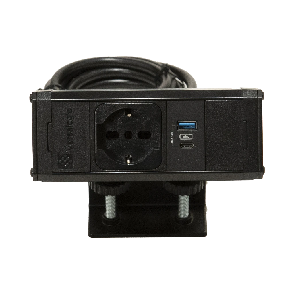 VersaDesk | Multipresa bordo piano 1 presa tipo U Unel, 1 USB tipo A, 1 USB tipo C, staffa monobloccoNero