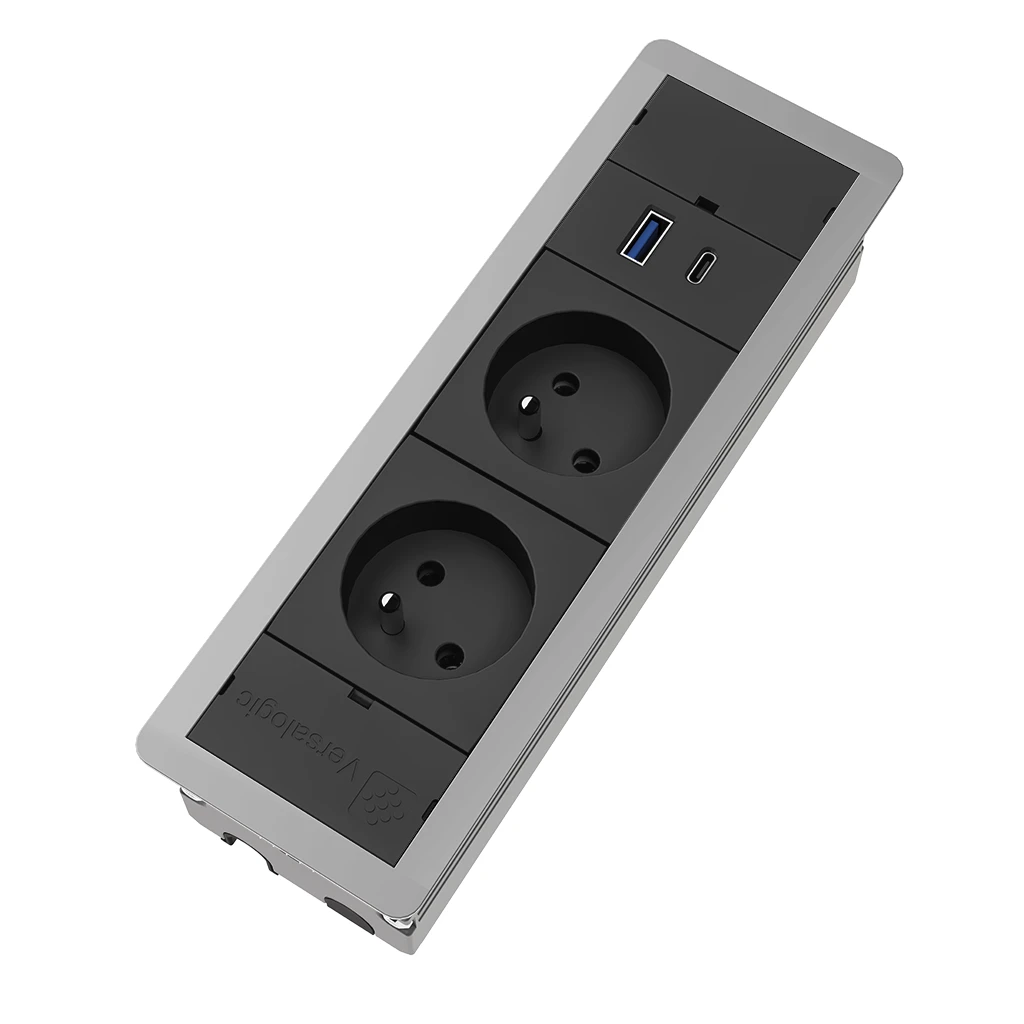 VersaFrame 3.0 | Multipresa a incasso con 2 prese Francia (E), 1 USB tipo A e USB tipo C | Scocca in alluminio e cavo  cavo di alimentazione 2 m Alluminio