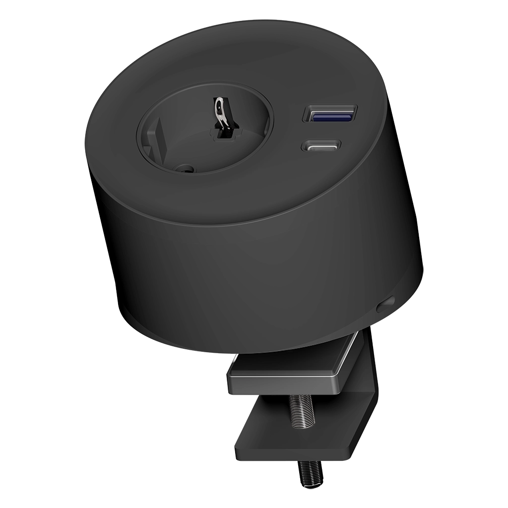 VersaSpot | Multipresa stand-alone con morsetto di fissaggio | con 1 presa Schuko, 1 USB tipo A, 1 USB tipo CNero