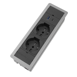 Recessed power strip with 2 UNEL sockets, 1 USB-A and 1 USB-C port | Aluminum housing and 2 m power cable
