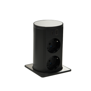 Squared pop-up power supply tower with 2 Schuko sockets, 1 USB type C, 1 USB type A and 2 m power cable with separate plug