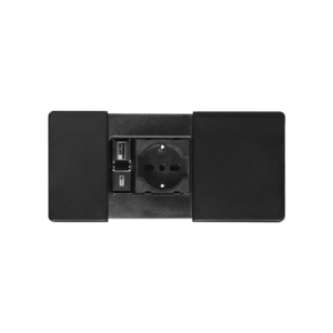 black pop-up power module with independent lids, featuring 1 Unel socket, 1 USB Type-A port, and 1 USB Type-C port