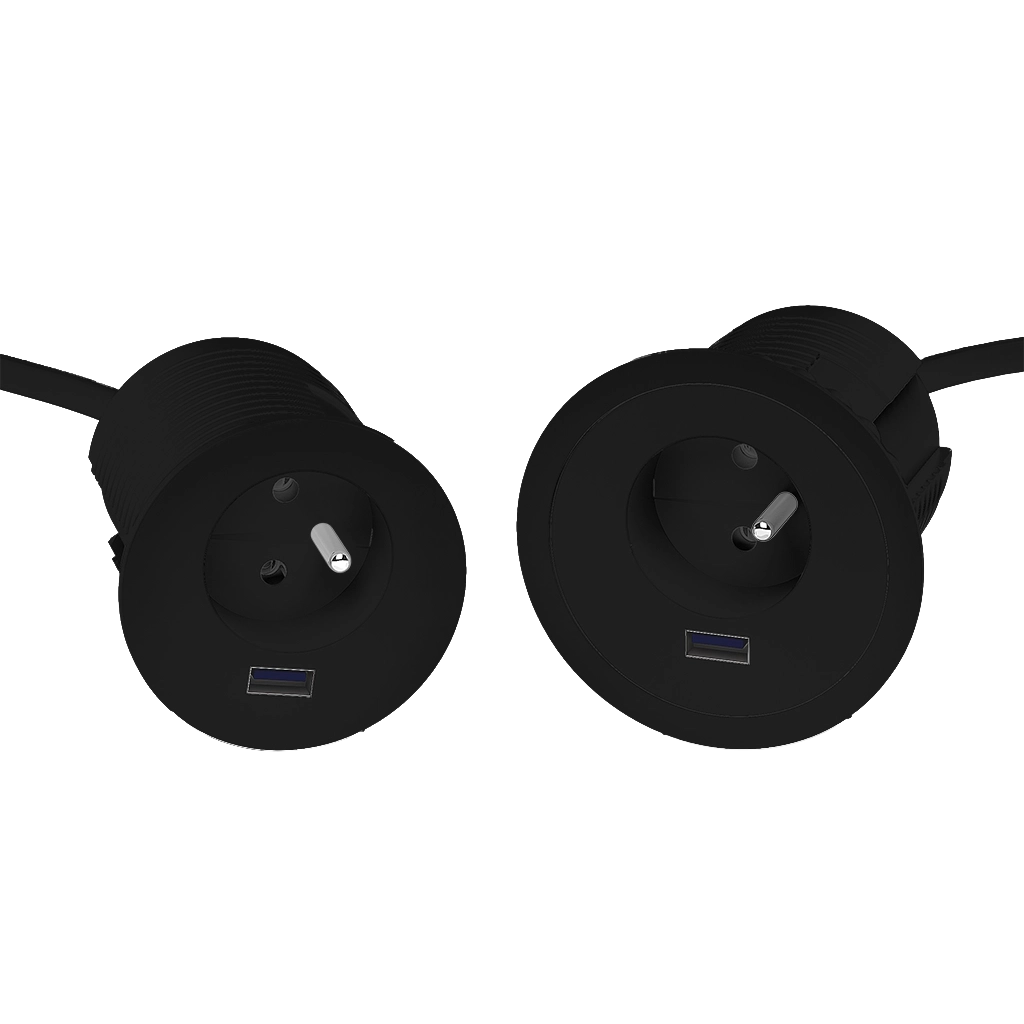 Recessed power strip with 1 Unel socket, 1 USB type A 5V 2.4 amp charger, and 2-meter power cable with Schuko plug