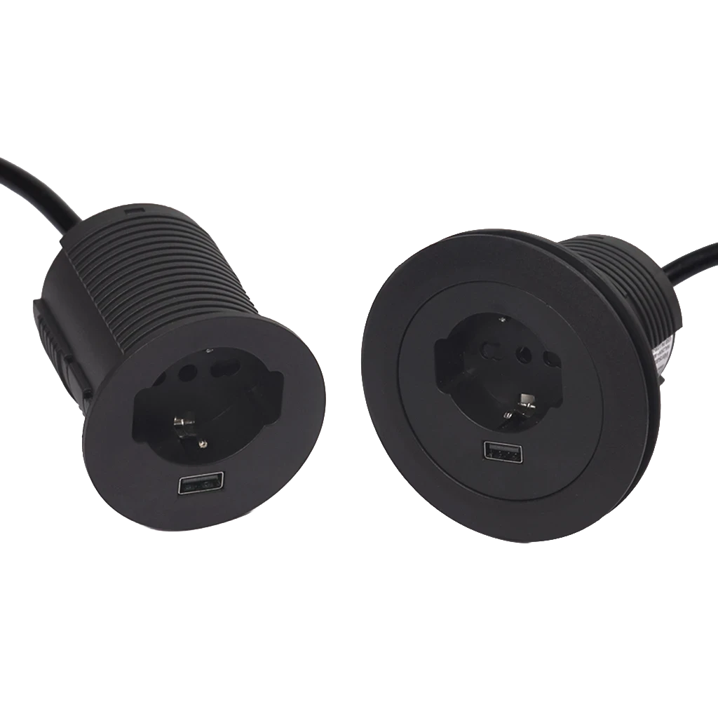 Multipresa empotrable con 1 toma Unel, 1 puerto USB tipo A de carga 5 V 2,4 A y cable de alimentación de 2 metros con enchufe Schuko.