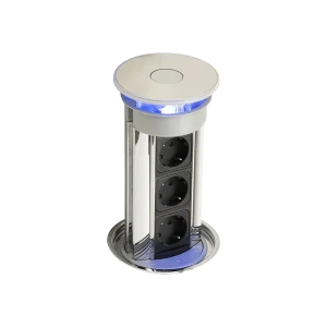Vertikale versenkbare Steckdosenleiste mit Push&Pull-System, Chromprofil, glänzender Deckel, 3 Schuko-Steckdosen