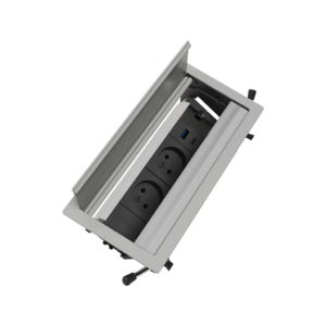 Retractable built-in power strip with 2 Schuko type F sockets, USB type A+C and cable passage, aluminum