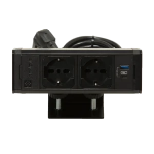 Tischsteckdose für die Tischkante mit Halterung, 2 Schuko-Steckdosen und USB A+C, GST-Anschluss und 500 mm Kabel