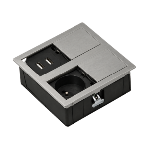 Square recessed power strip with 1 Type F Schuko outlet and 2 USB Type-A ports